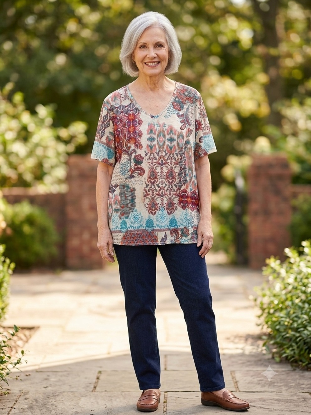 CATHERINES Boho Patchwork V-Neck Women's Top in Teal & Rust. Size 2XWP